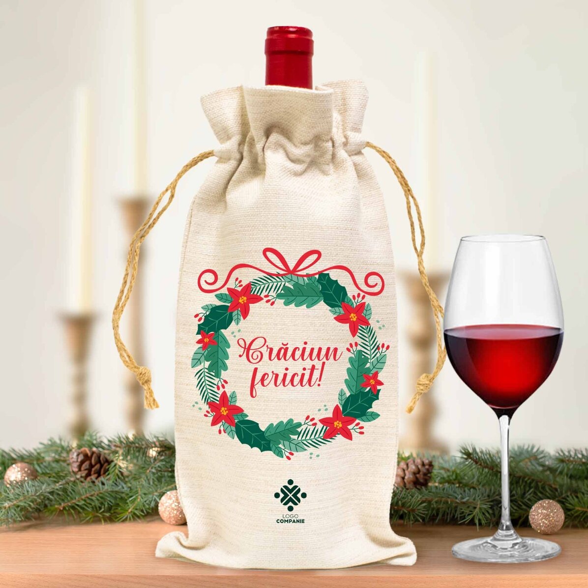 Săculeț personalizat pentru sticlă de vin cu logo și mesaj - Crăciun fericit!