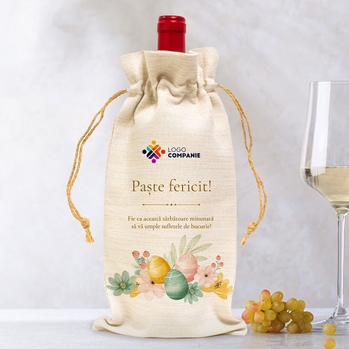 Săculeț personalizat pentru sticlă de vin cu logo și mesaj - Paște Fericit!