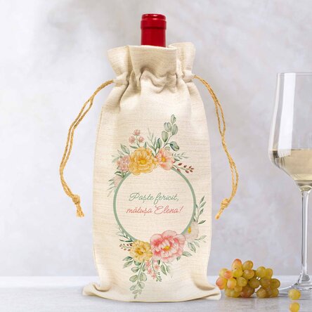 Săculeț personalizat pentru sticlă de vin cu mesaj - Flori
