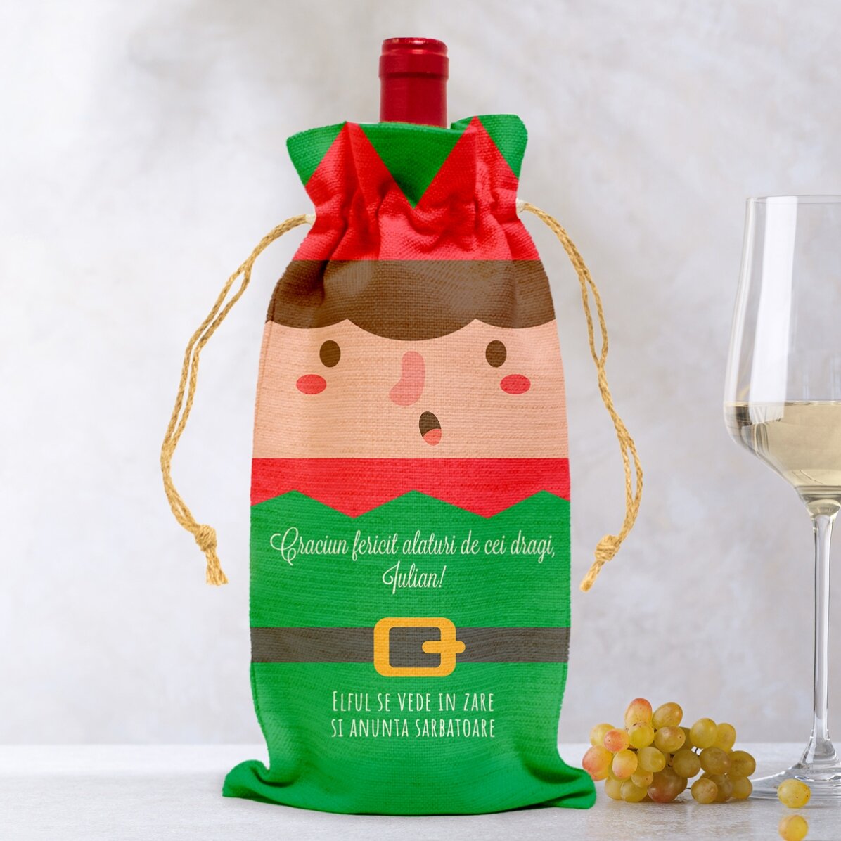 Săculeț personalizat pentru sticlă de vin - Elf 