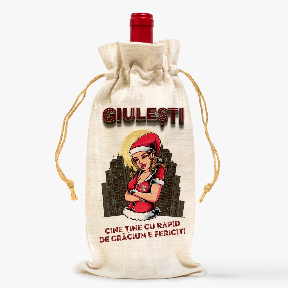 Săculeț personalizat pentru sticlă de vin FC Rapid - Crăciunița Rapidistă