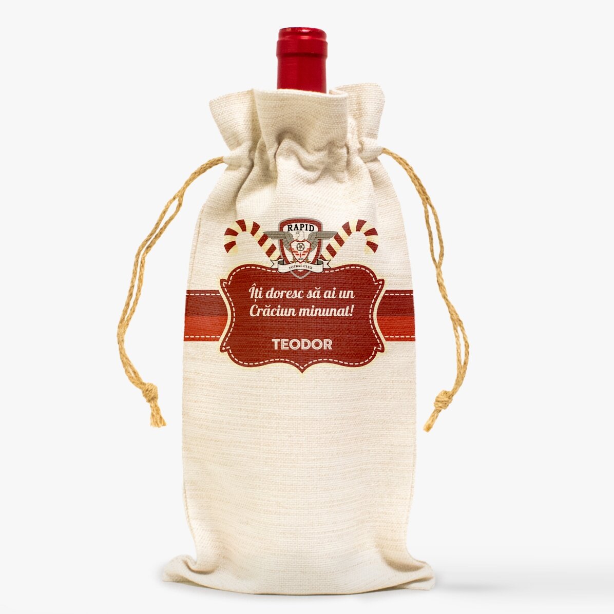 Săculeț personalizat pentru sticlă de vin FC Rapid - Ediție de Crăciun