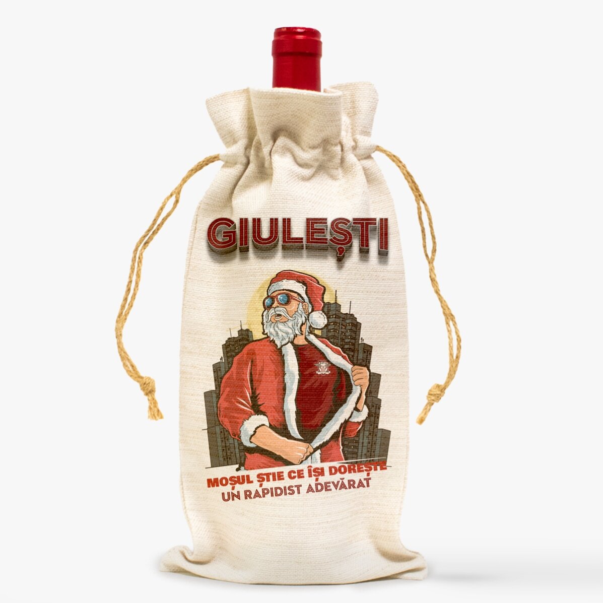 Săculeț personalizat pentru sticlă de vin FC Rapid - Moșul Rapidist