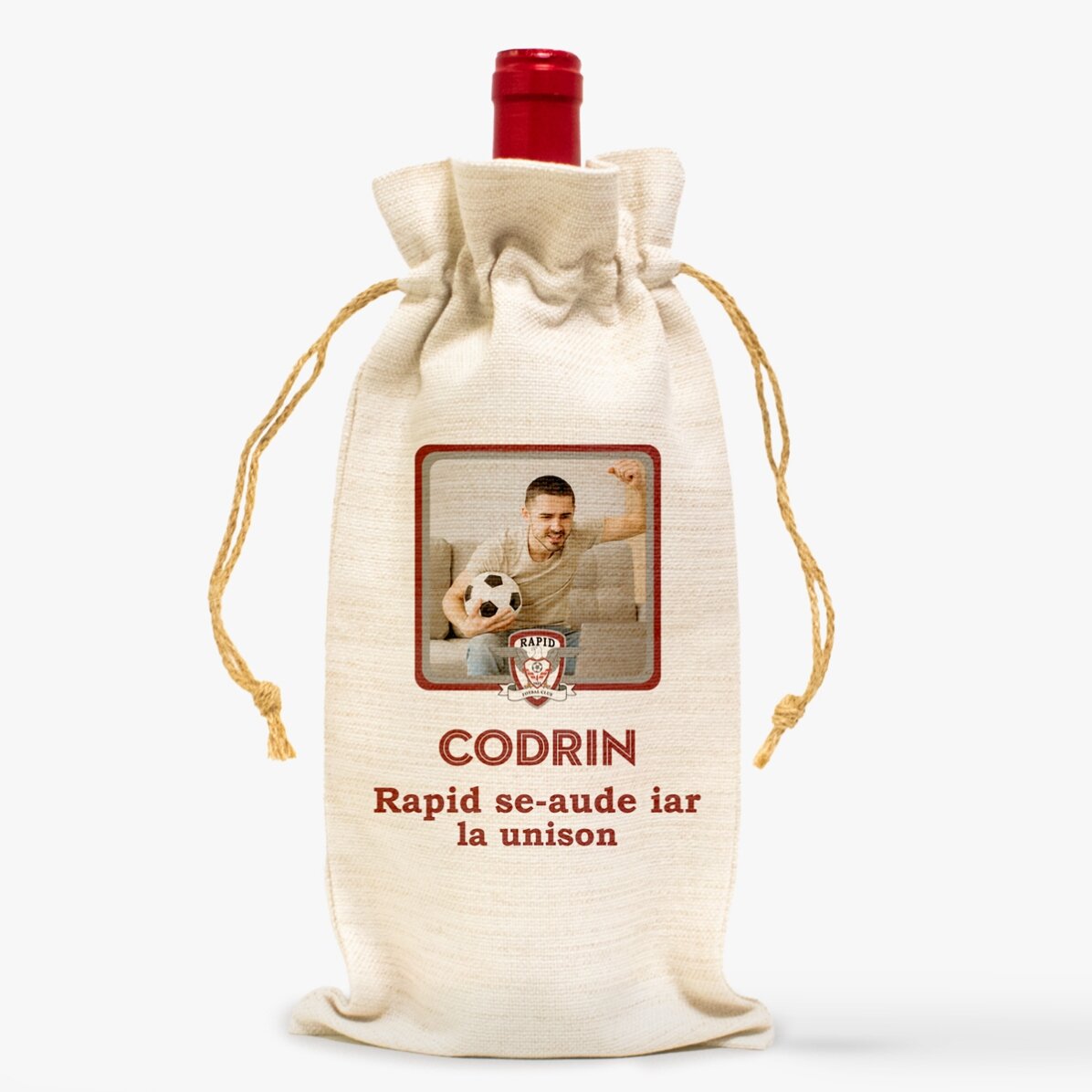 Săculeț personalizat pentru sticlă de vin FC Rapid - Poză și mesaj