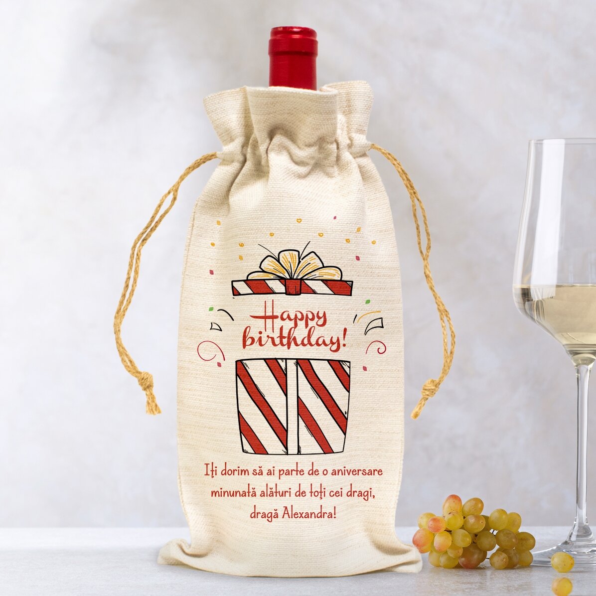 Săculeț personalizat pentru sticlă de vin - Happy birthday gift