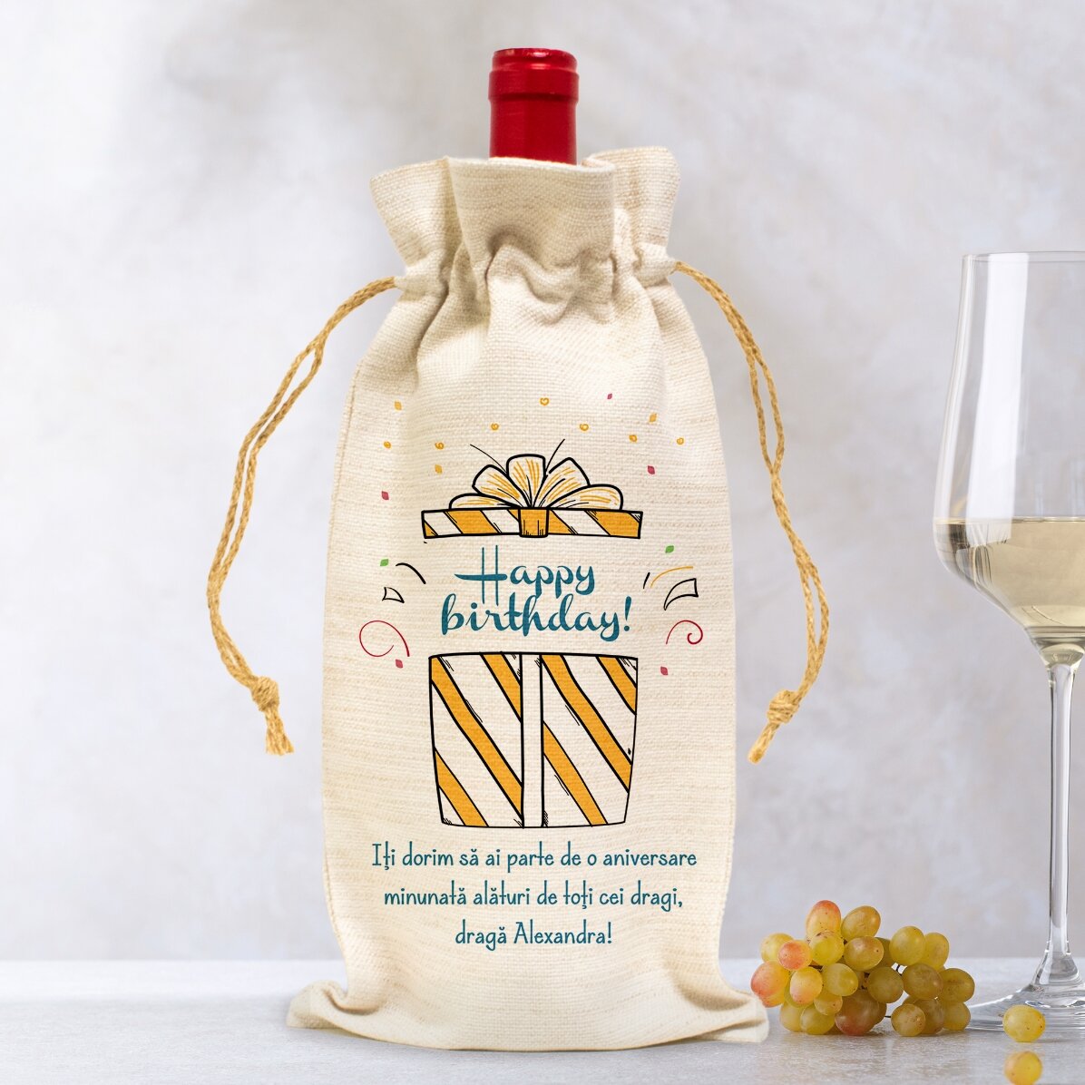 Săculeț personalizat pentru sticlă de vin - Happy birthday gift