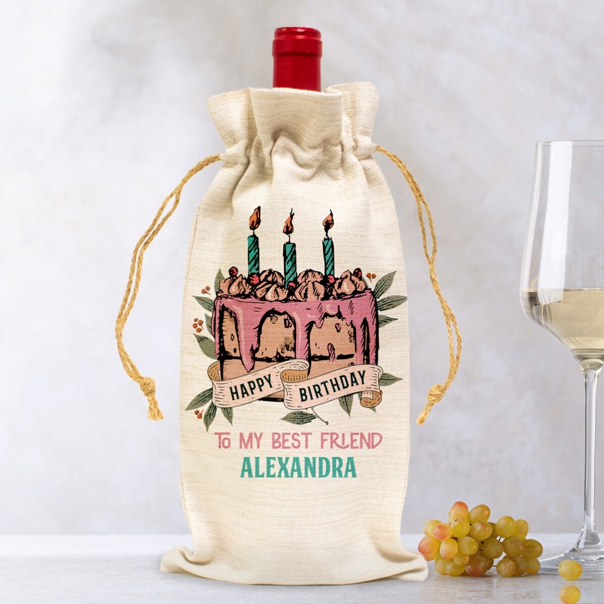 Săculeț personalizat pentru sticlă de vin - Happy Birthday Retro