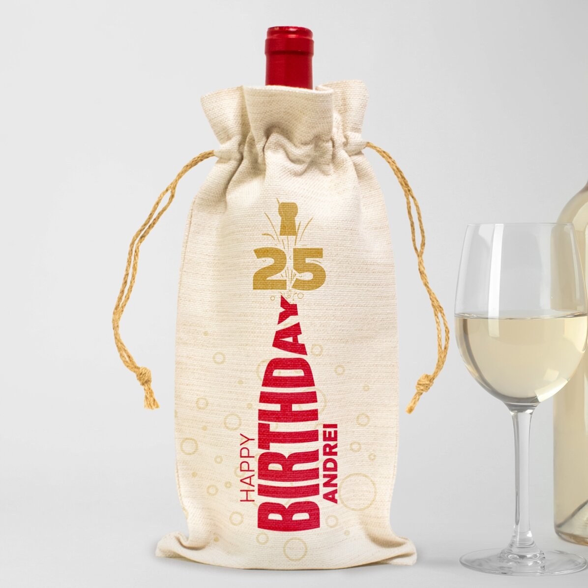 Săculeț personalizat pentru sticlă de vin - Happy Birthday