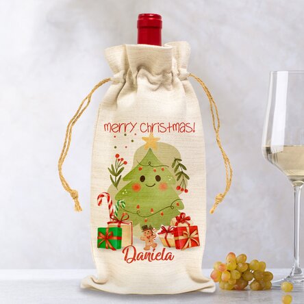 Săculeț personalizat pentru sticlă de vin - Ilustrație de Crăciun 