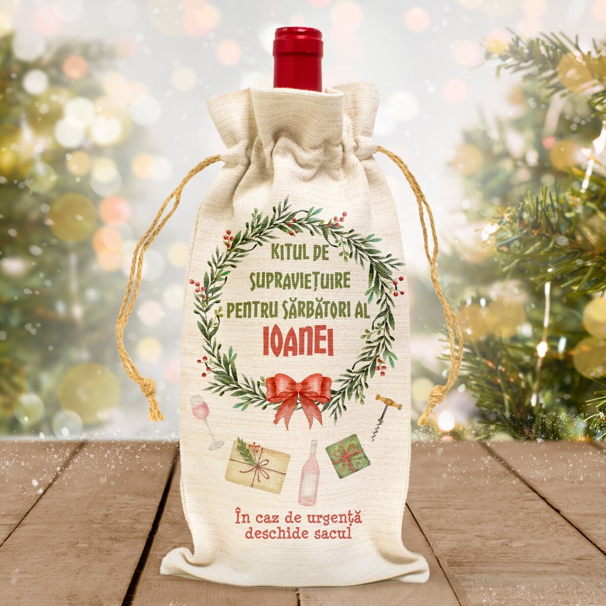 Săculeț personalizat pentru sticlă de vin - Kit de supraviețuire 