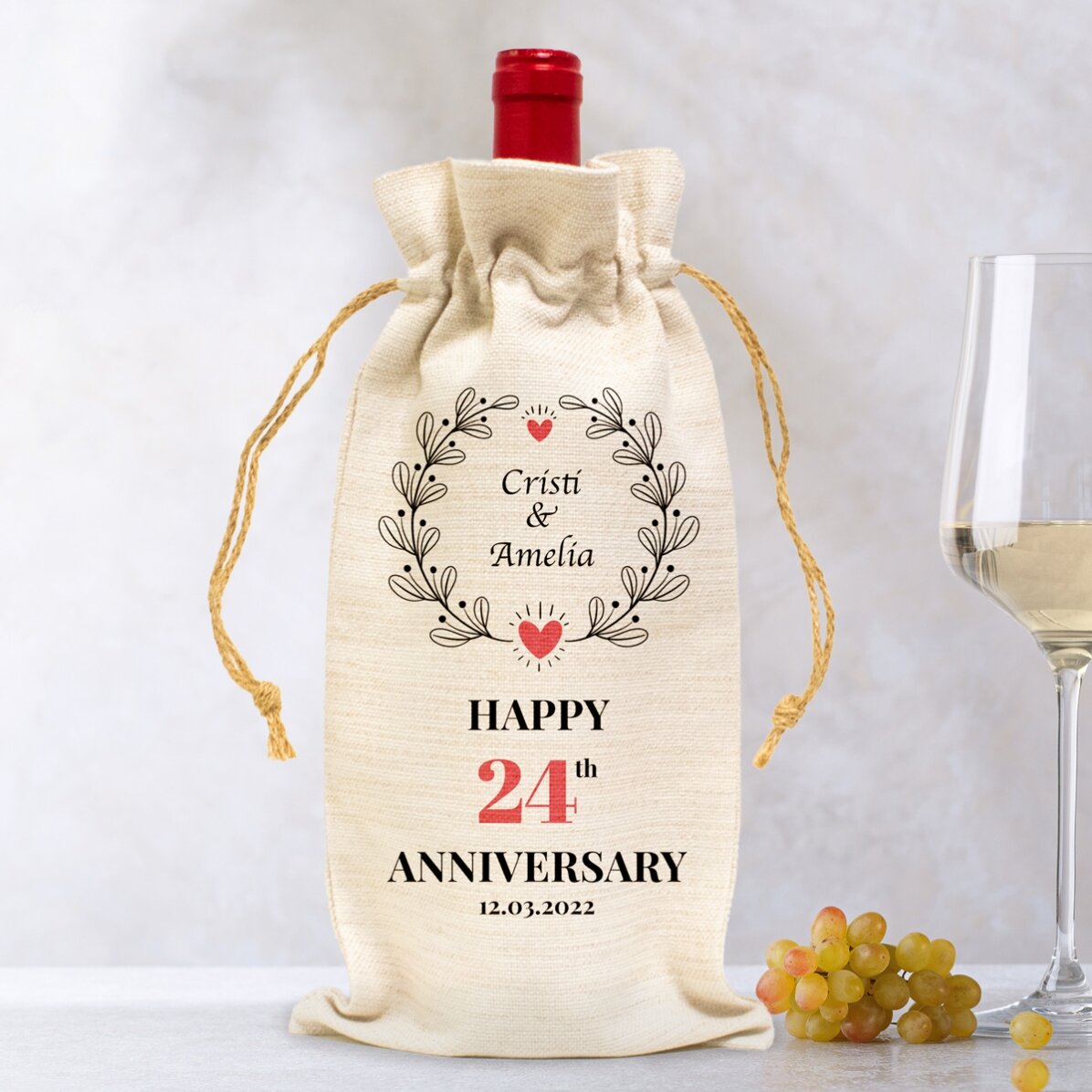 Săculeț personalizat pentru sticlă de vin - Model Aniversare