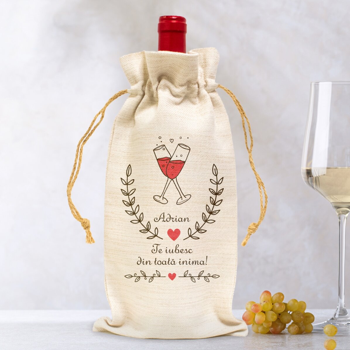 Săculeț personalizat pentru sticlă de vin - Te iubesc