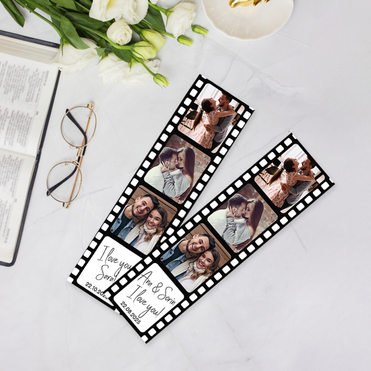 Semn de carte personalizat cu 3 poze și text - Our story