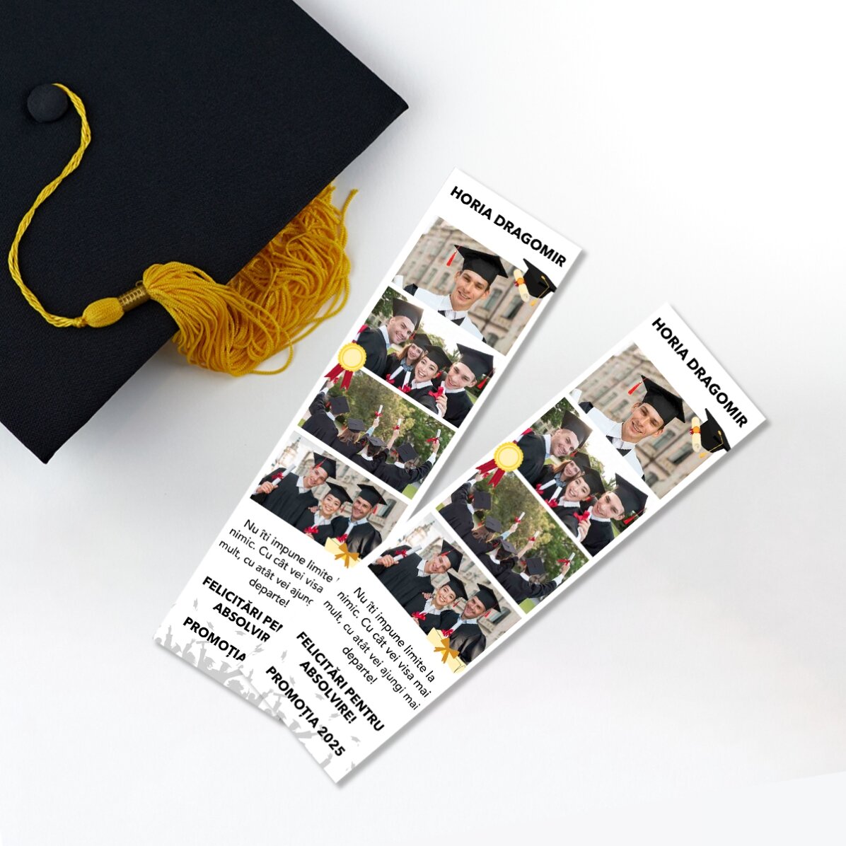 Semn de carte personalizat cu 4 poze și text - Absolvire