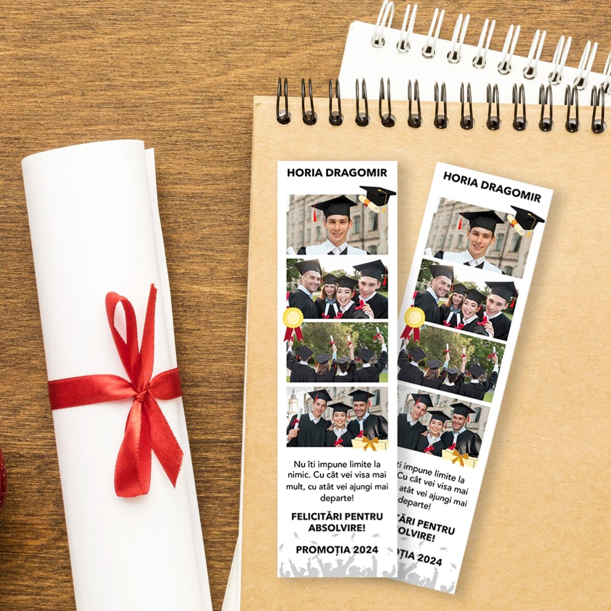 Semn de carte personalizat cu 4 poze și text - Absolvire