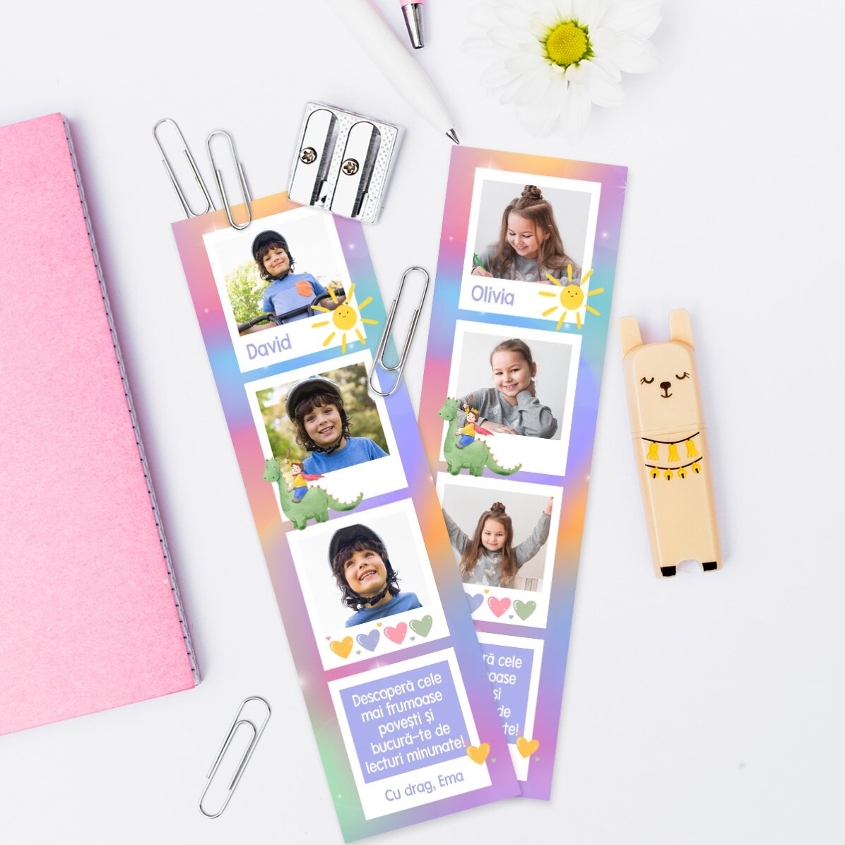 Semn de carte personalizat cu mesaj și 3 poze - Curcubeu