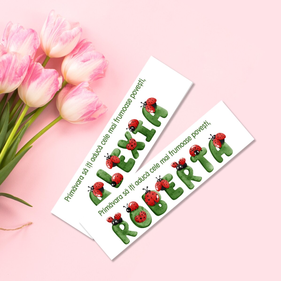 Semn de carte personalizat cu mesaj și nume - Buburuze