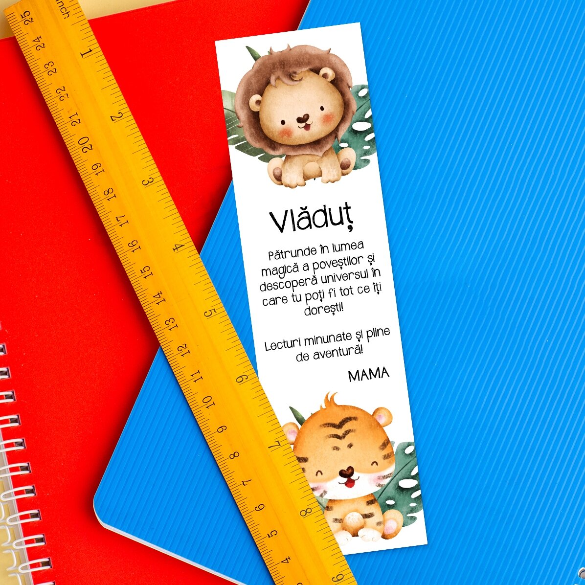 Semn de carte personalizat cu mesaj și nume pentru copii - Animăluțe