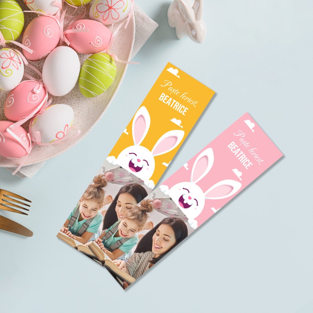 Semn de carte personalizat cu o poză și mesaj  - Iepuraș