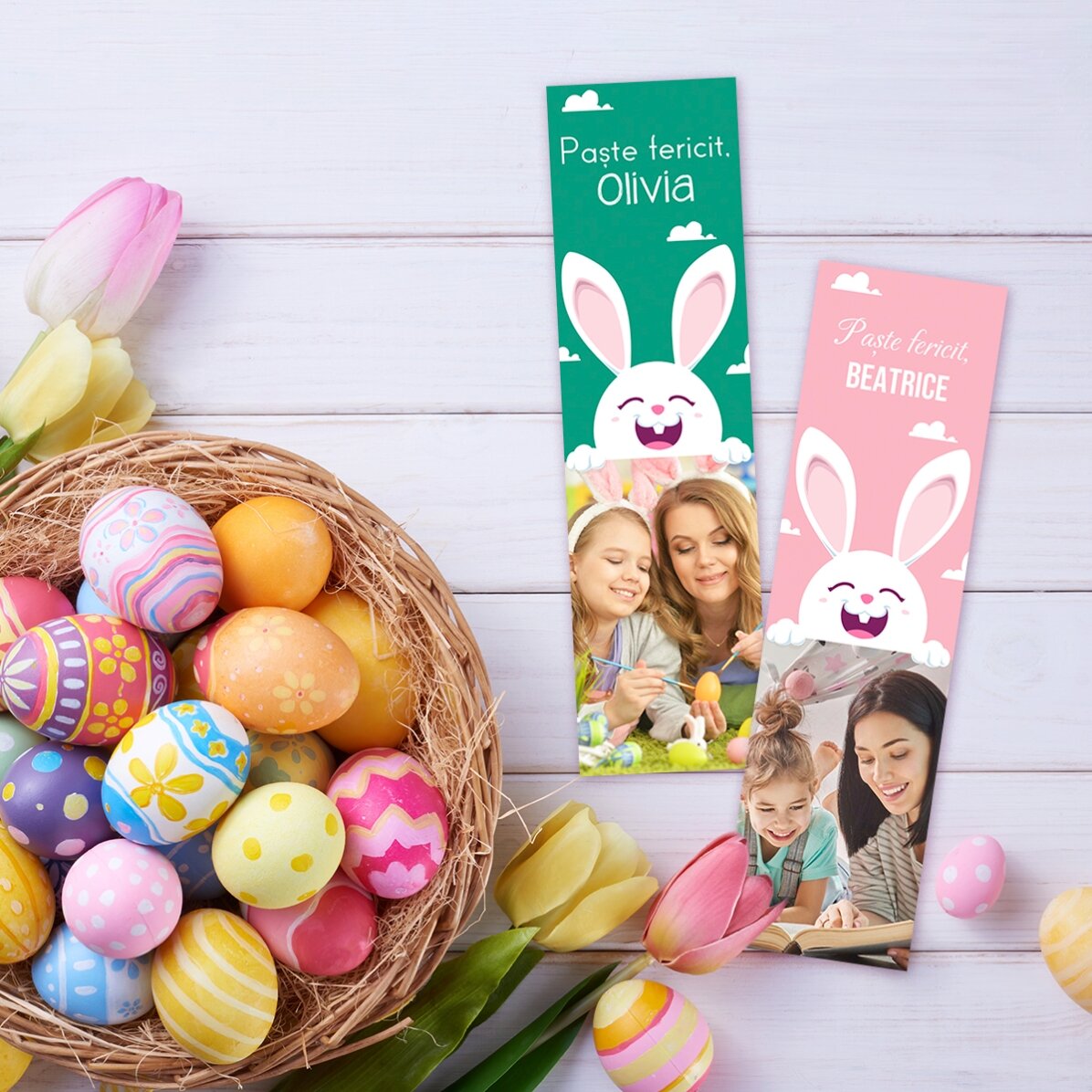 Semn de carte personalizat cu o poză și mesaj  - Iepuraș