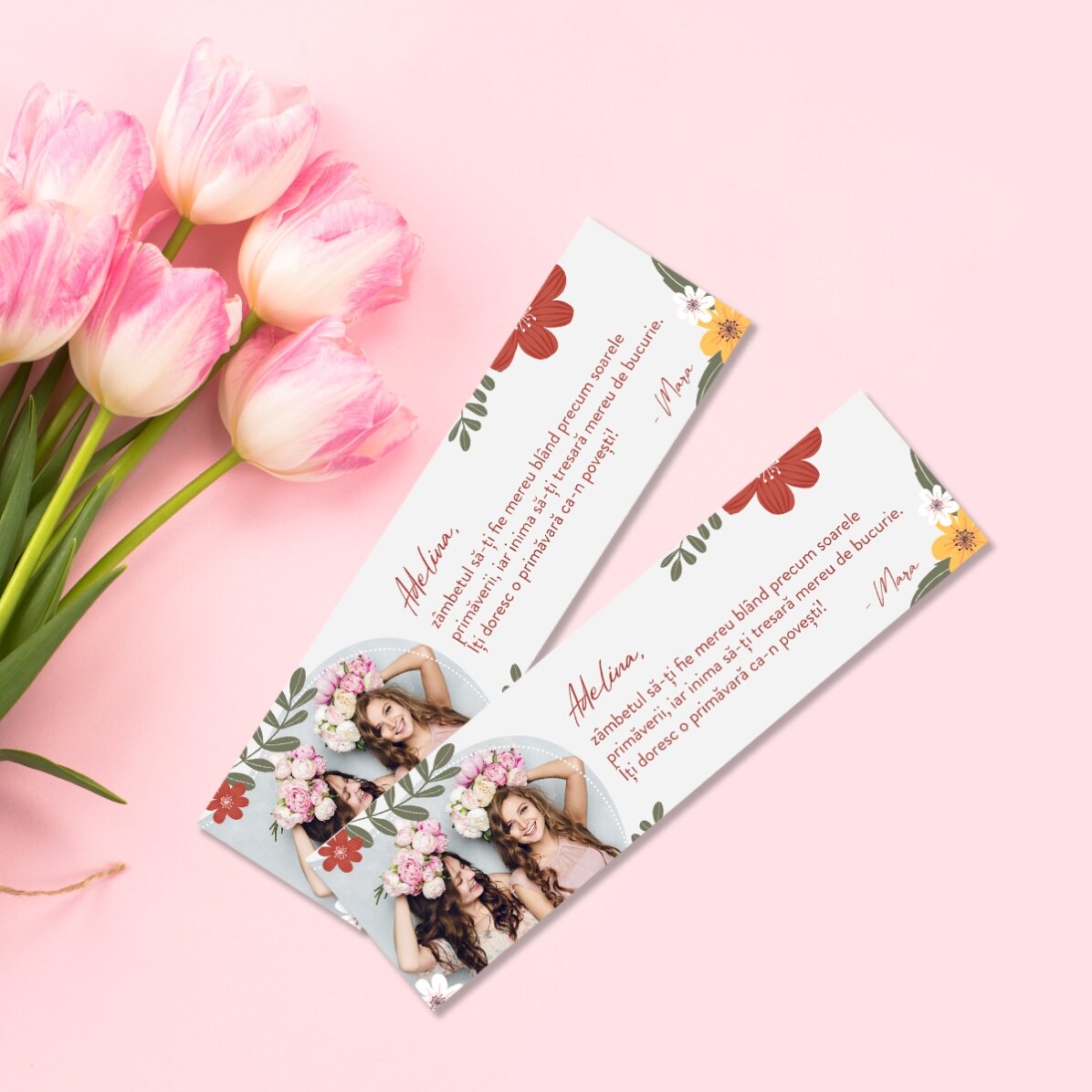 Semn de carte personalizat cu o poză și mesaj - Primăvară