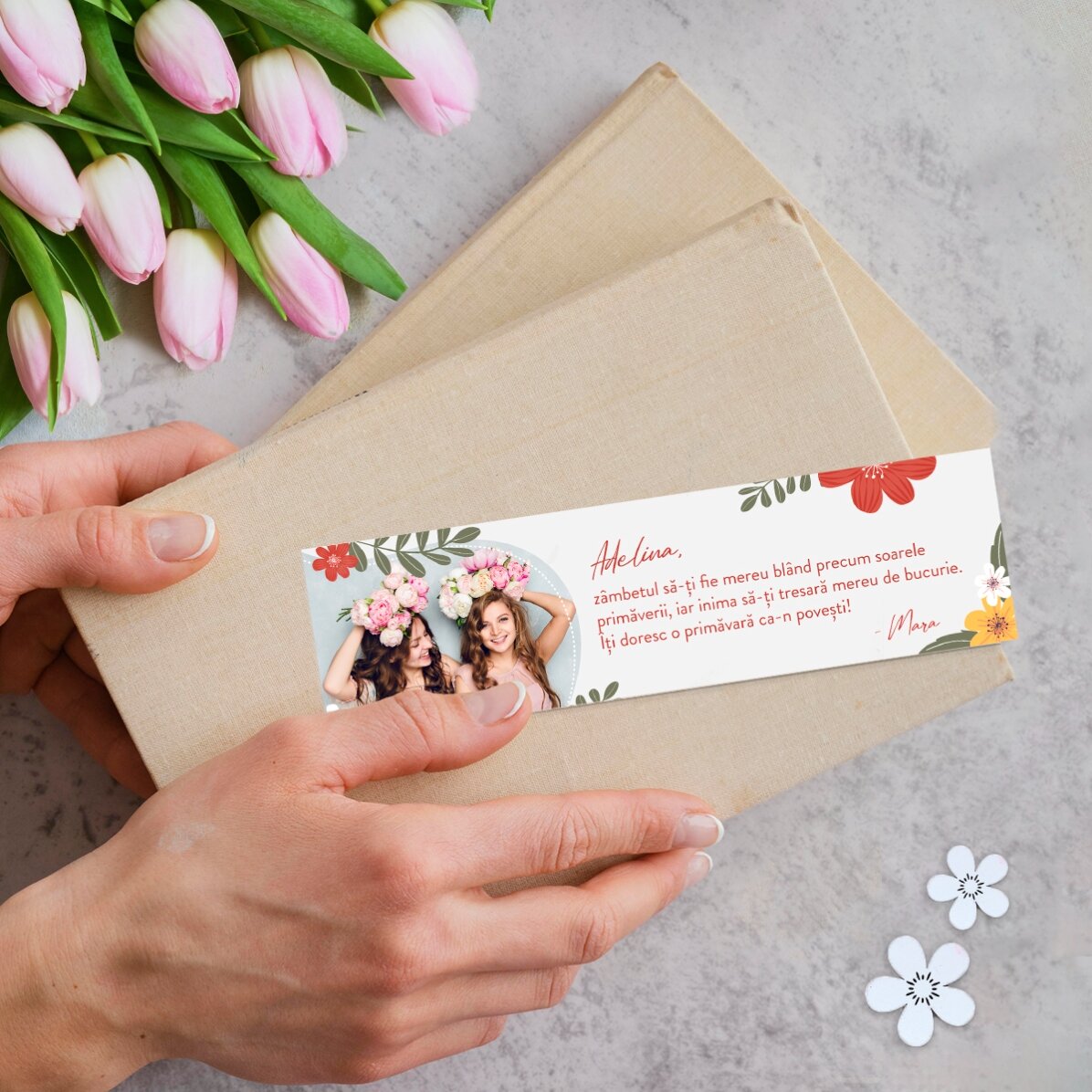 Semn de carte personalizat cu o poză și mesaj - Primăvară