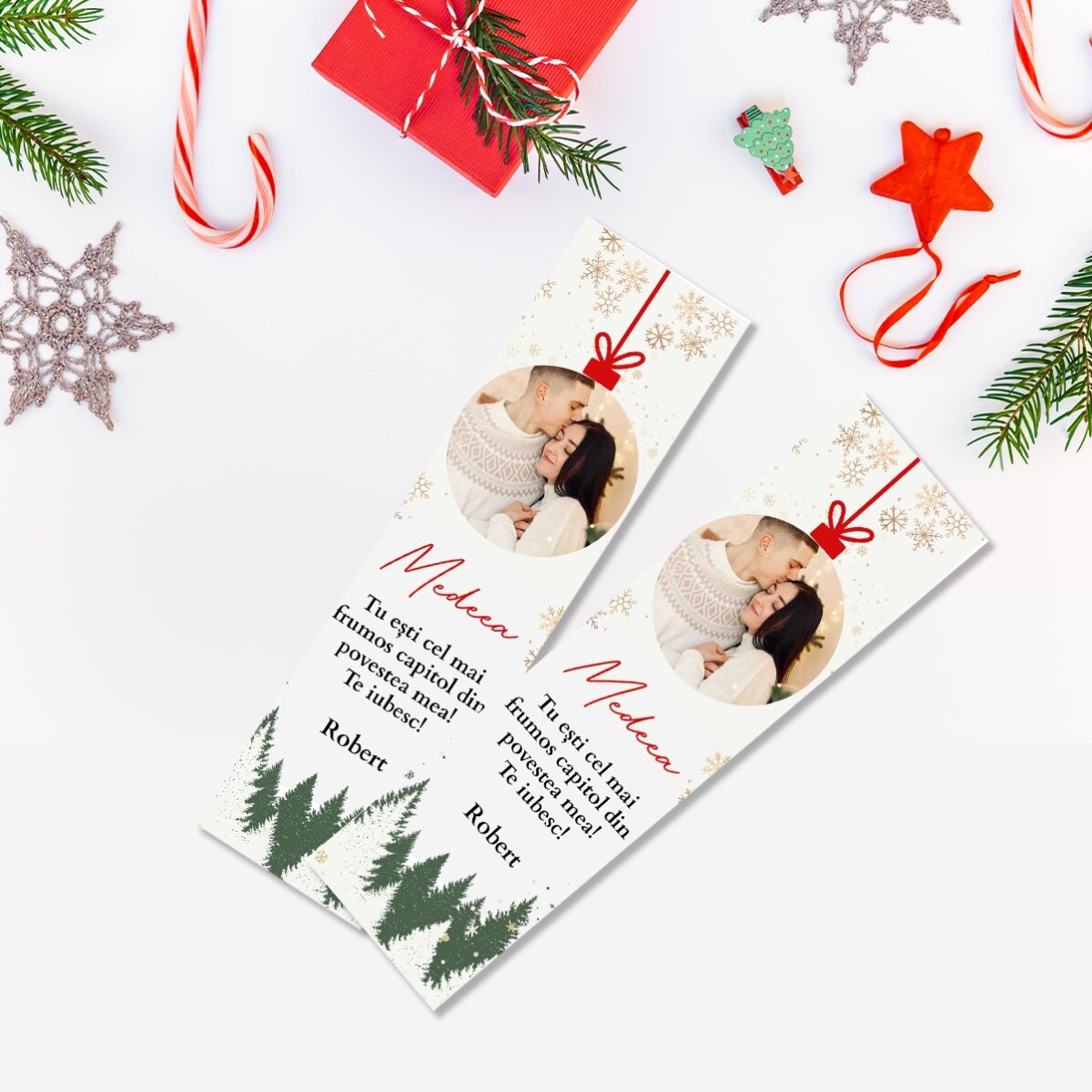 Semn de carte personalizat cu text și poză - Glob de Crăciun