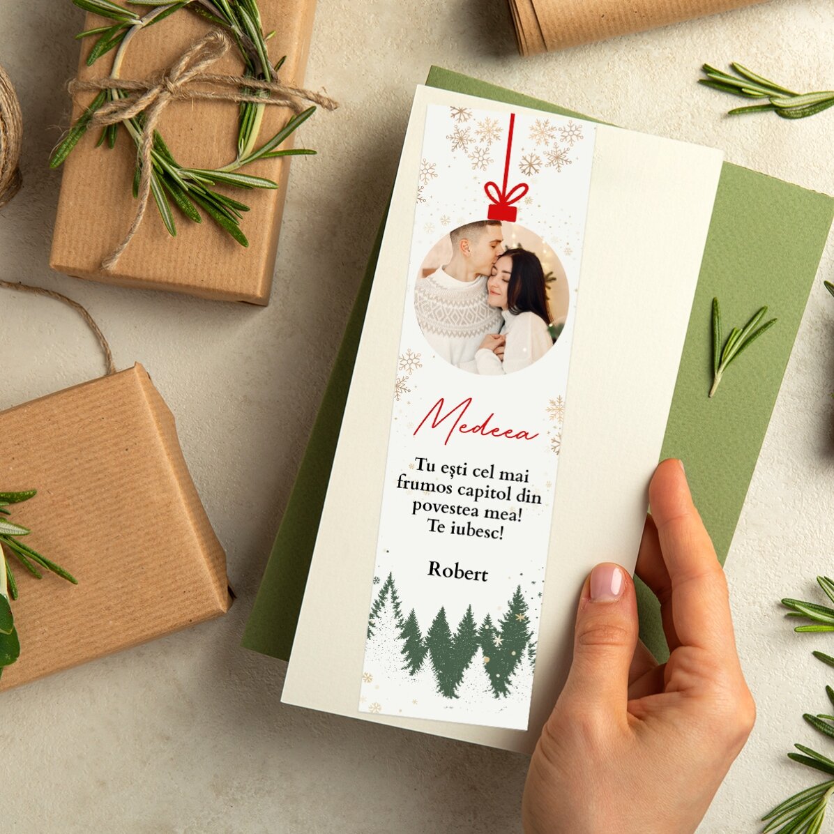 Semn de carte personalizat cu text și poză - Glob de Crăciun