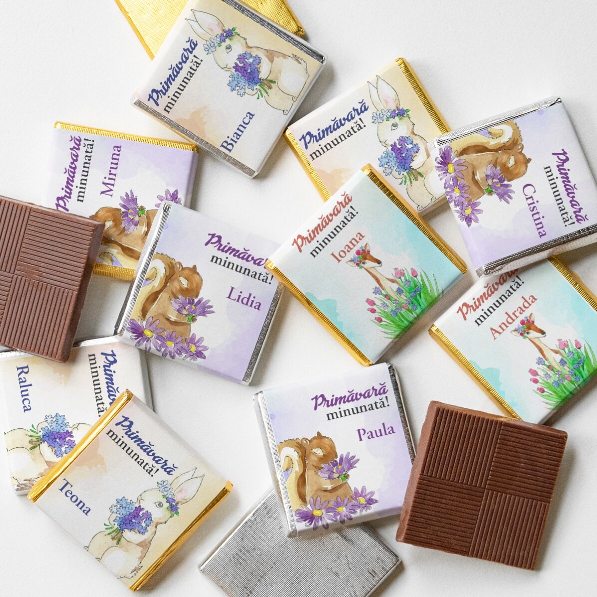 Set 10 mini ciocolățele de primăvară personalizate cu text - Watercolor spring