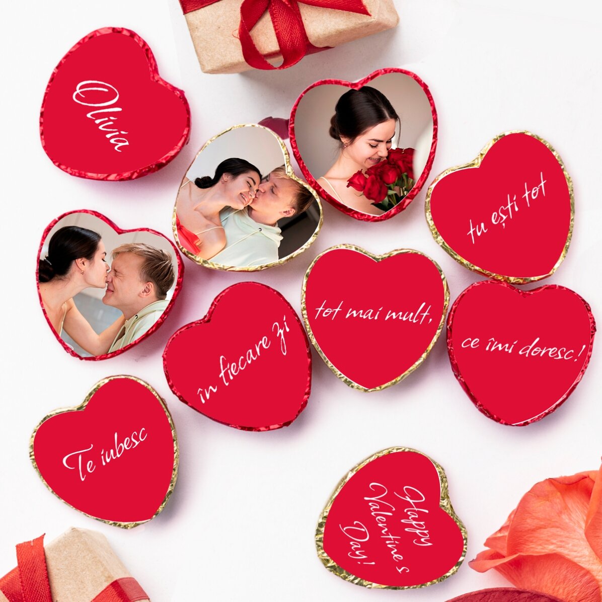Set 10 mini ciocolățele inimioară personalizate cu poze și text - Mesaj ascuns