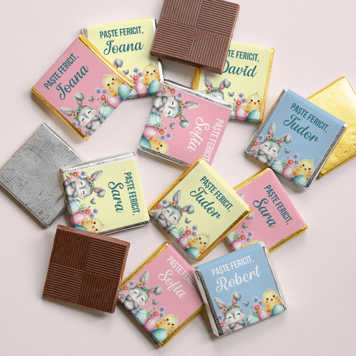 Set 10 mini ciocolățele personalizate cu mesaj - Paște fericit!