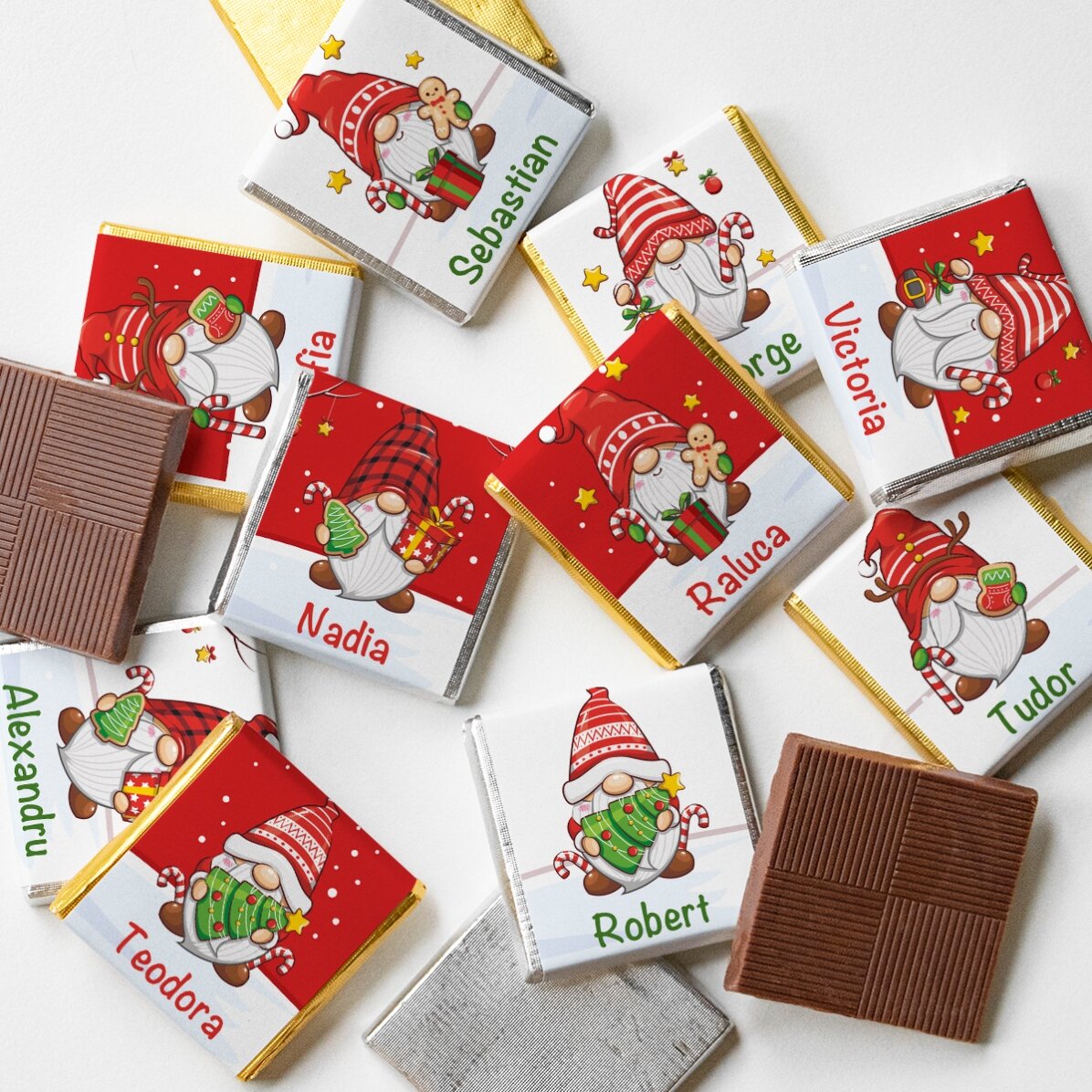 Set 10 mini ciocolățele personalizate cu nume - Gnomi de Crăciun