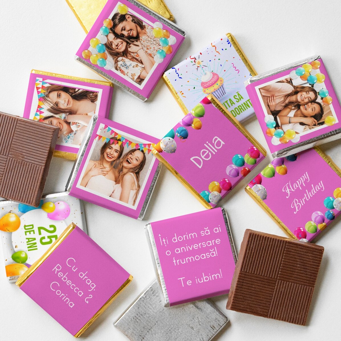 Set 10 mini ciocolățele personalizate cu poze și text - Happy birthday