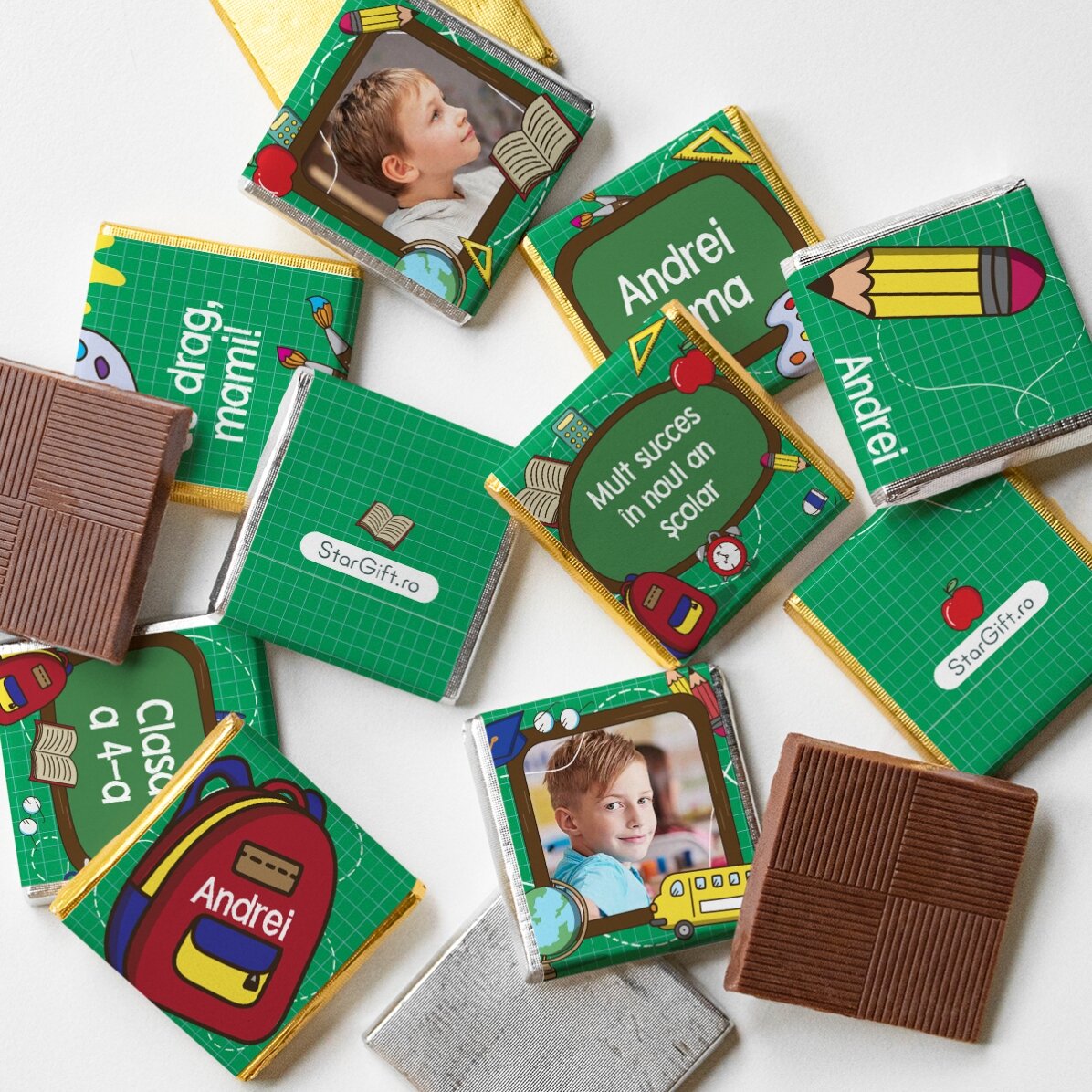 Set 10 mini ciocolățele personalizate cu poze și text pentru început de an școlar