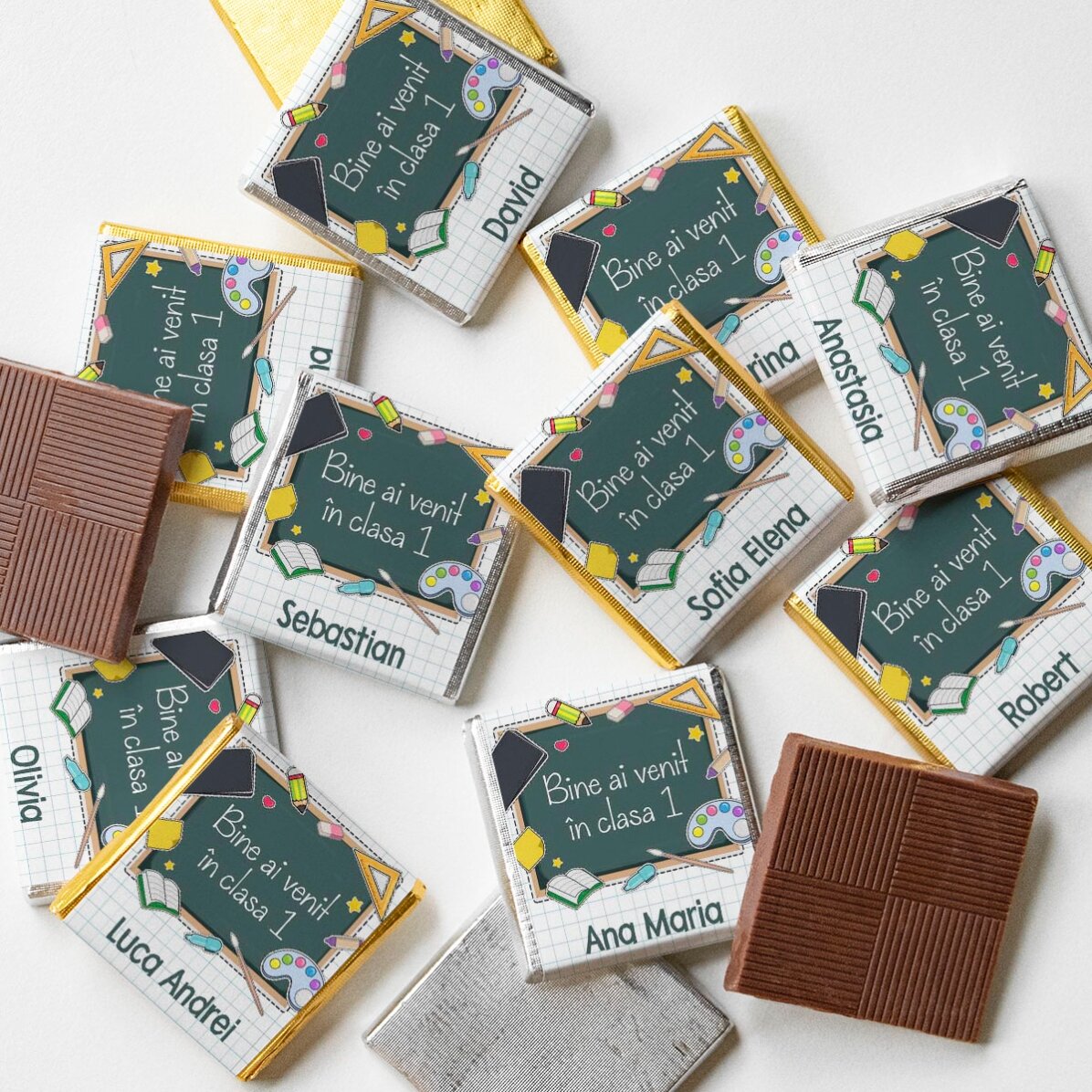 Set 10 mini ciocolățele personalizate cu text pentru început de an școlar
