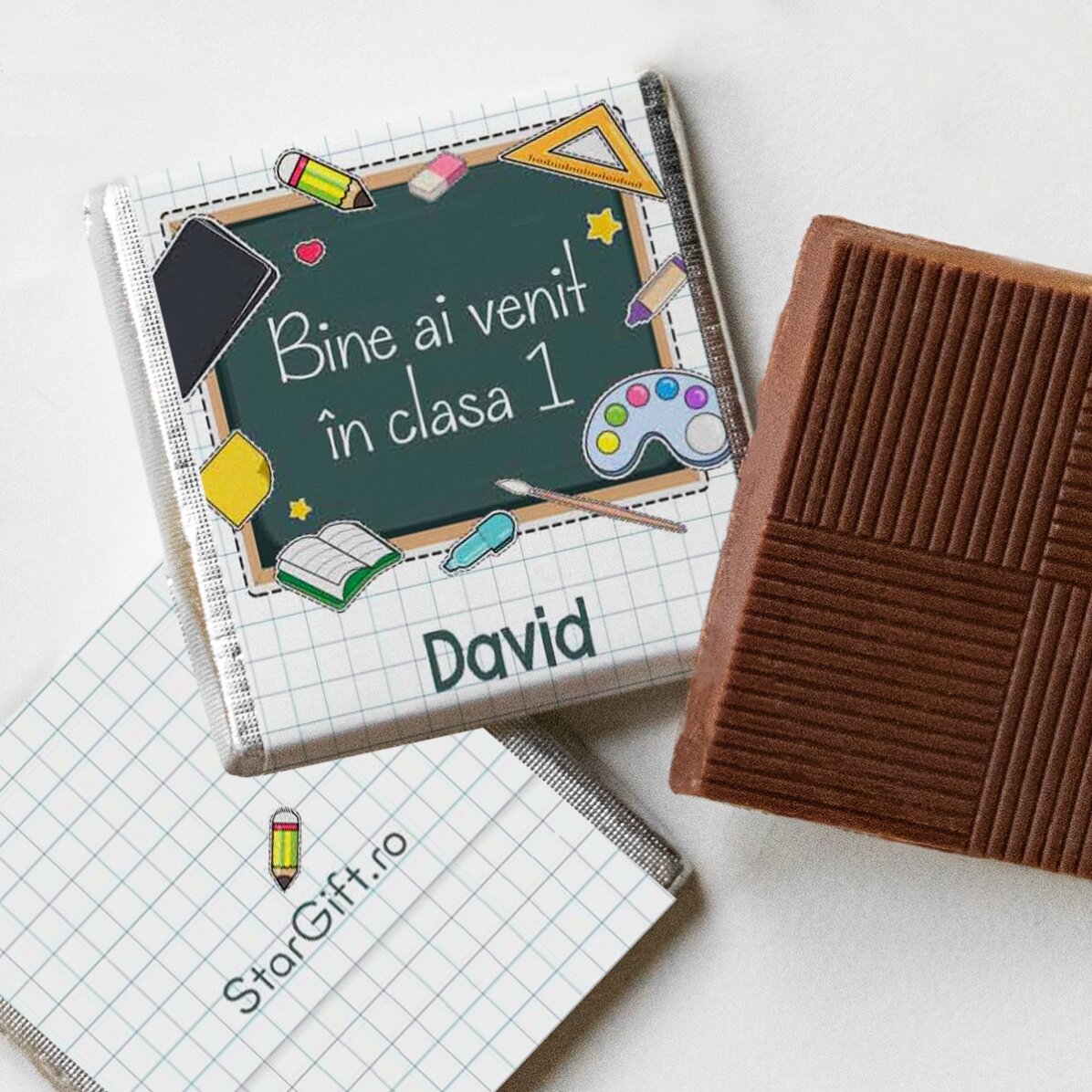 Set 10 mini ciocolățele personalizate cu text pentru început de an școlar