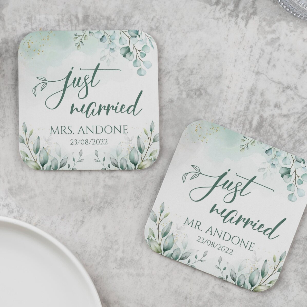 Set 2 suporturi de pahar personalizate cu text - Just Married Elegance