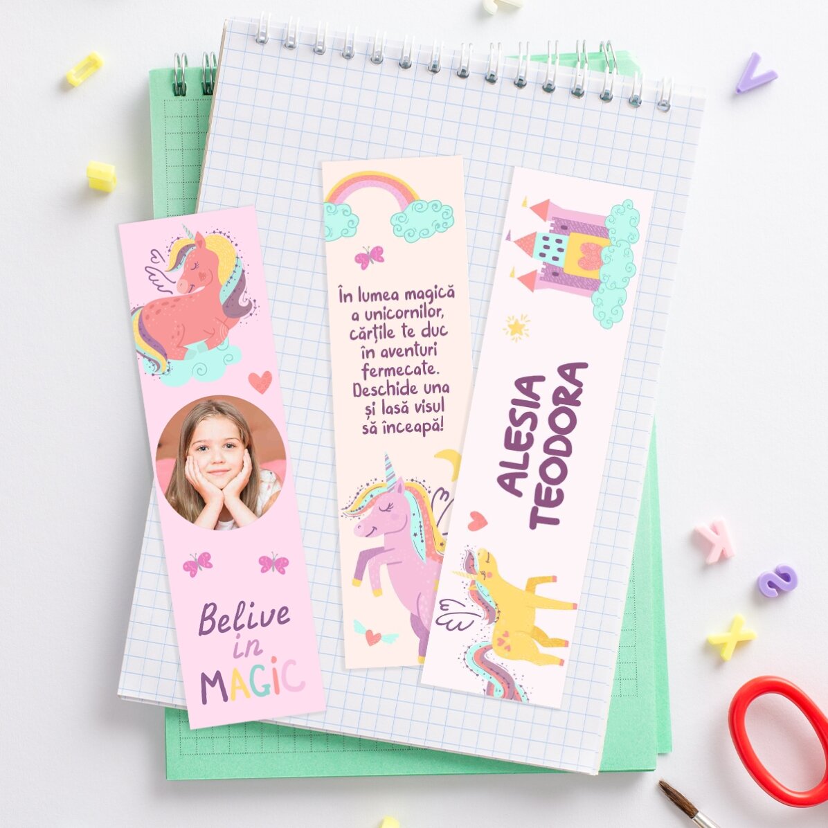 Set 3 semne de carte personalizate cu poză, nume și text - Unicorns