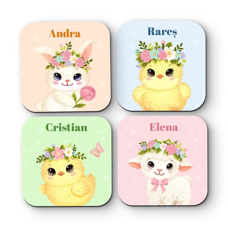 Set 4 suporturi de pahar personalizate cu text - Animăluțe