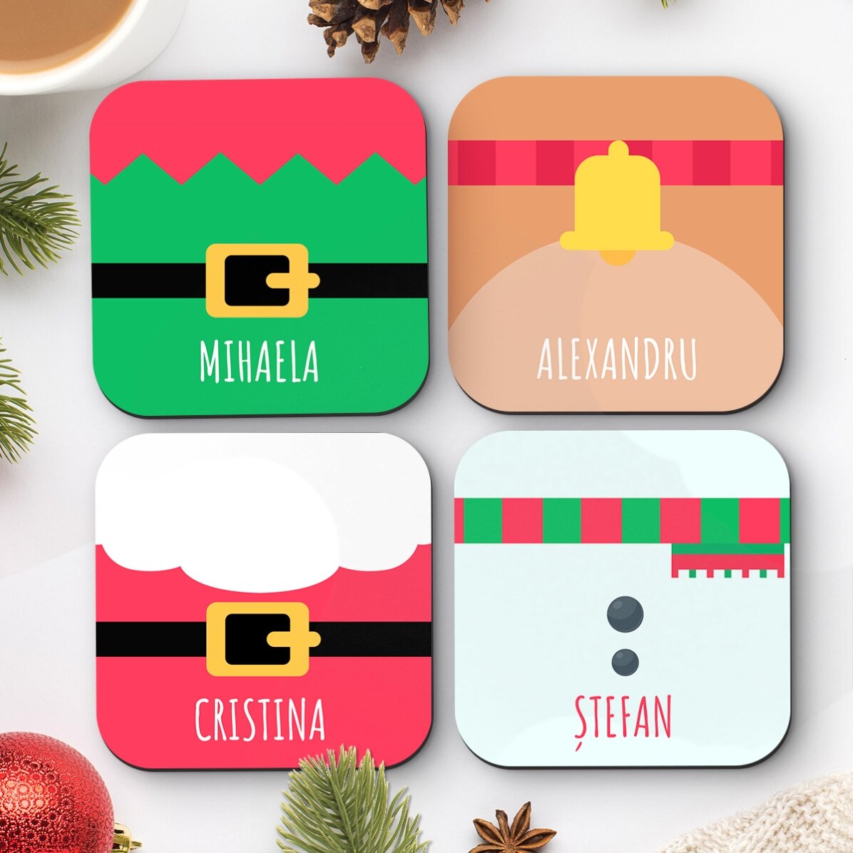 Set 4 suporturi de pahar personalizate cu text - Personaje de Crăciun