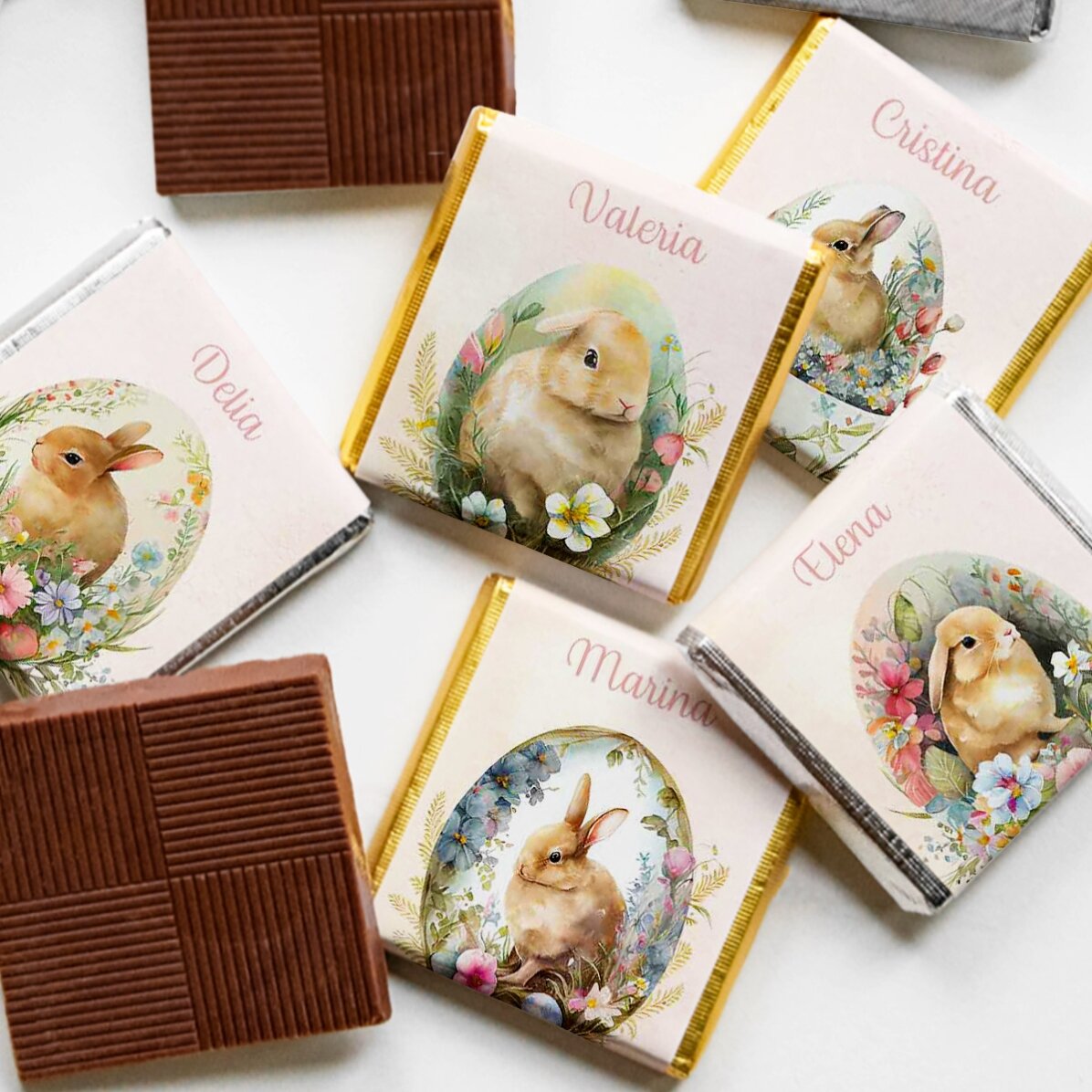 Set 5 mini ciocolățele personalizate cu mesaj - Iepurași de Paște