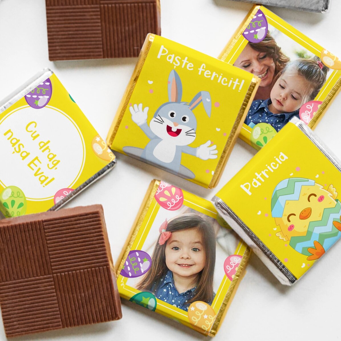 Set 5 mini ciocolățele personalizate cu poze și text - Paște