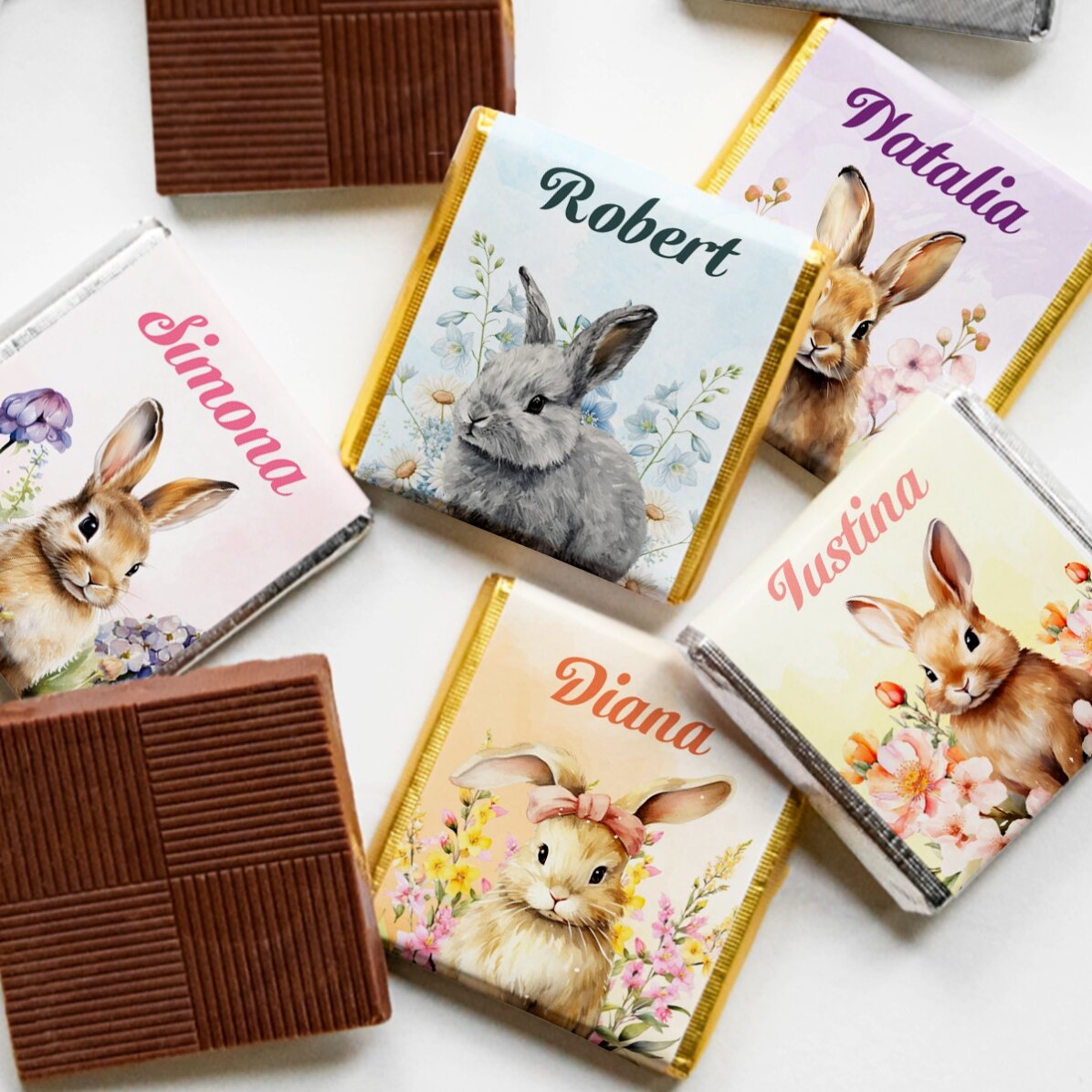 Set 5 mini ciocolățele personalizate cu text - Iepurași de Paște