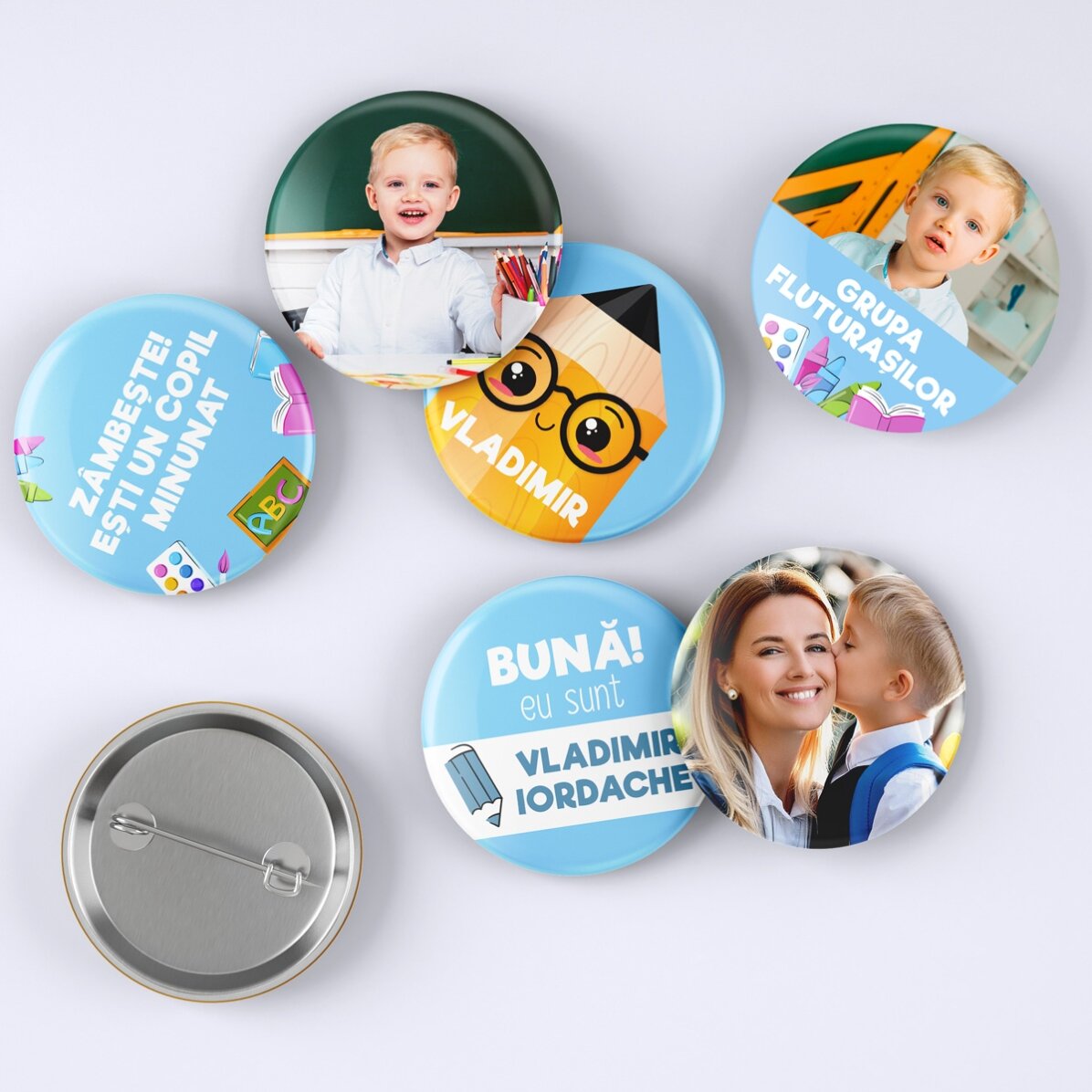 Set 6 insigne personalizate cu poze și mesaj - Back to School