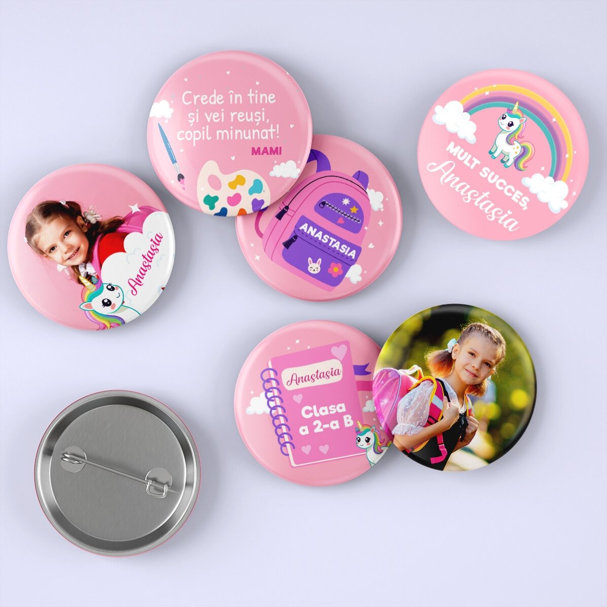 Set 6 insigne personalizate cu poze și mesaj - Curcubeu