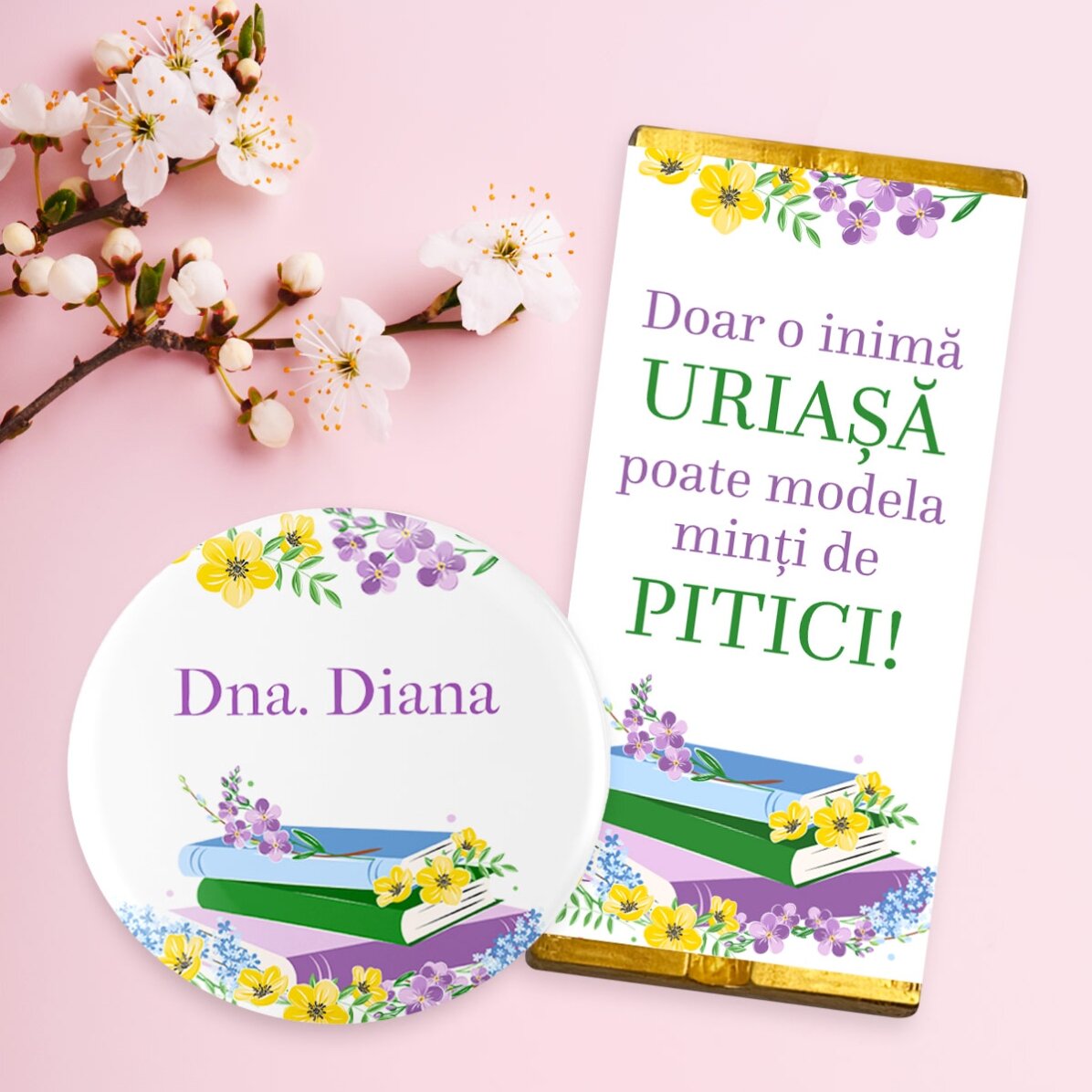 Подаръчен комплект с мини шоколадов бар и персонализирана значка с име - Учител