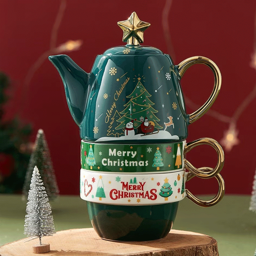 Set cadou de 2 căni și ceainic de Crăciun 