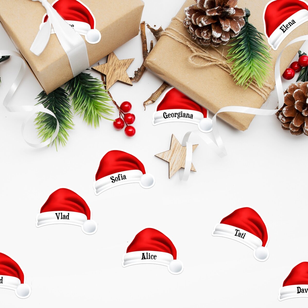 Set de 12 stickere (etichetă autoadezivă) personalizate cu nume - Moș Crăciun