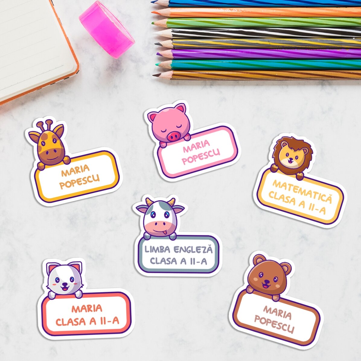 Set de 12 stickere (etichetă autoadezivă) personalizate pentru școală - Animăluțe