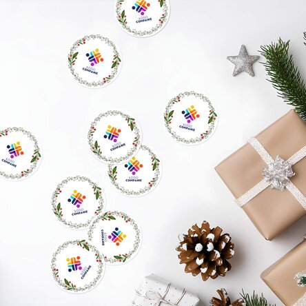 Set de 12 stickere (etichetă autoadezivă) rotunde, diametru 5cm personalizate cu logo - Crăciun